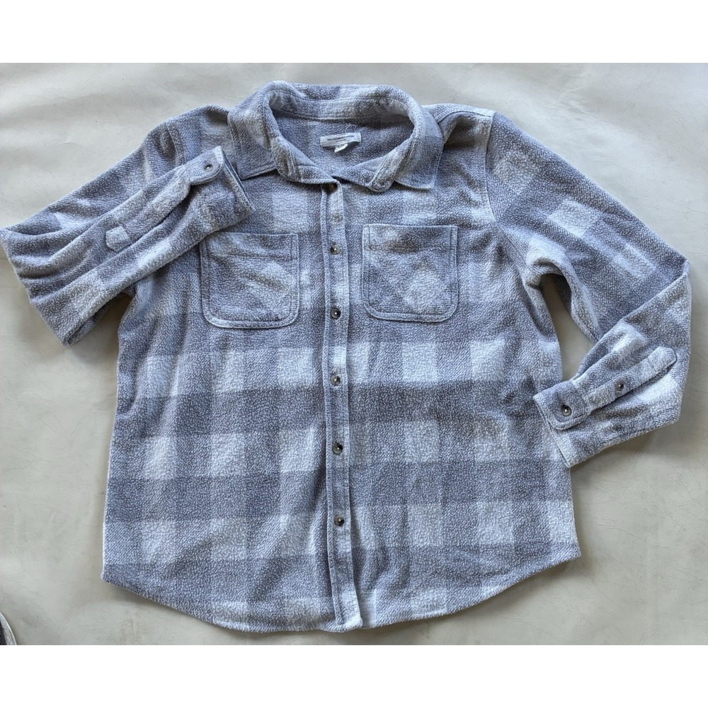 beachlunchlounge Women Large Grey Plaid Fleece Flannel Button Up Shirt SCT3801